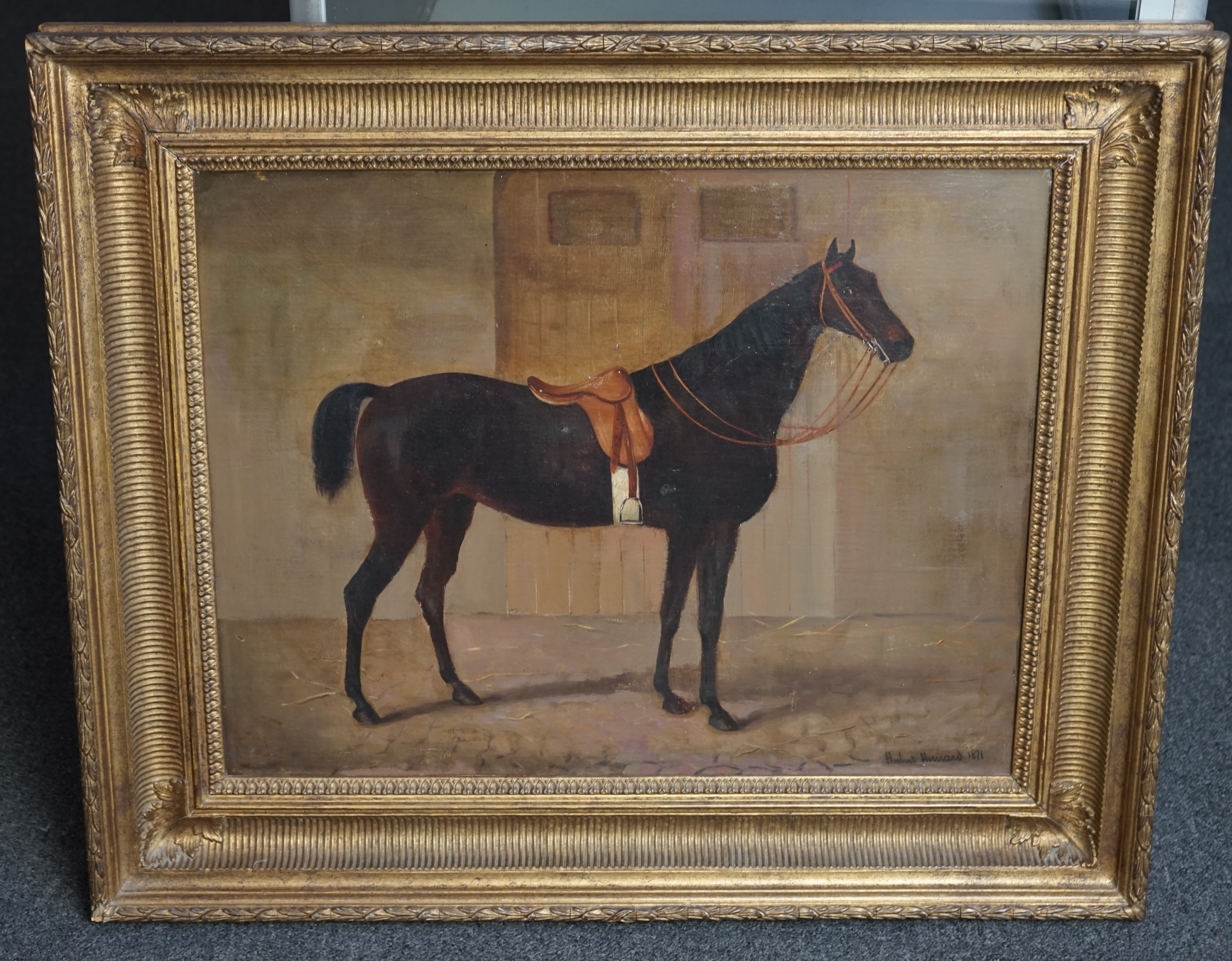 Hubert Henrard (Belgian, 1816-1898), Portrait of a saddled horse in a stable, oil on canvas, 44 x 56cm